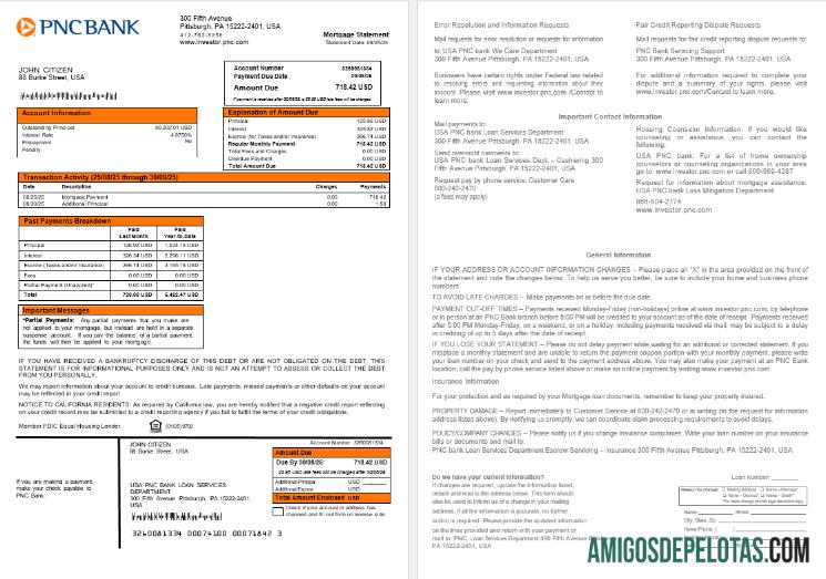 Extrato de hipoteca do banco PNC dos EUA em formatos Word e PDF modelo